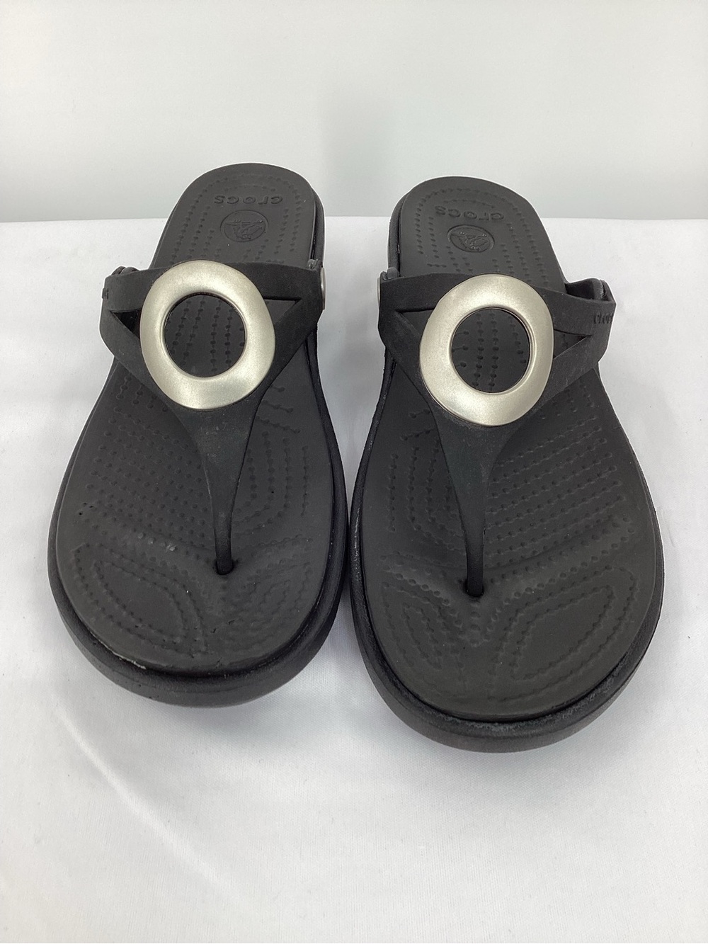 CROCS Sarah Black Thong Sandals with Silver Ring Detail
